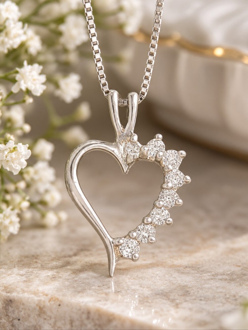Vintage 925 Sterling Silver Heart Pendant Necklace CZ Accents